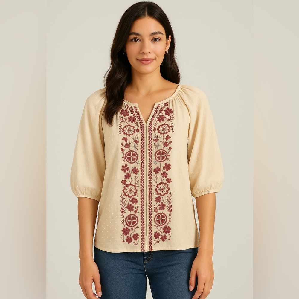 NEW Solitaire Swiss Dot Peasant VNeck Beige Blouse W/ Burgundy Embroidery Small